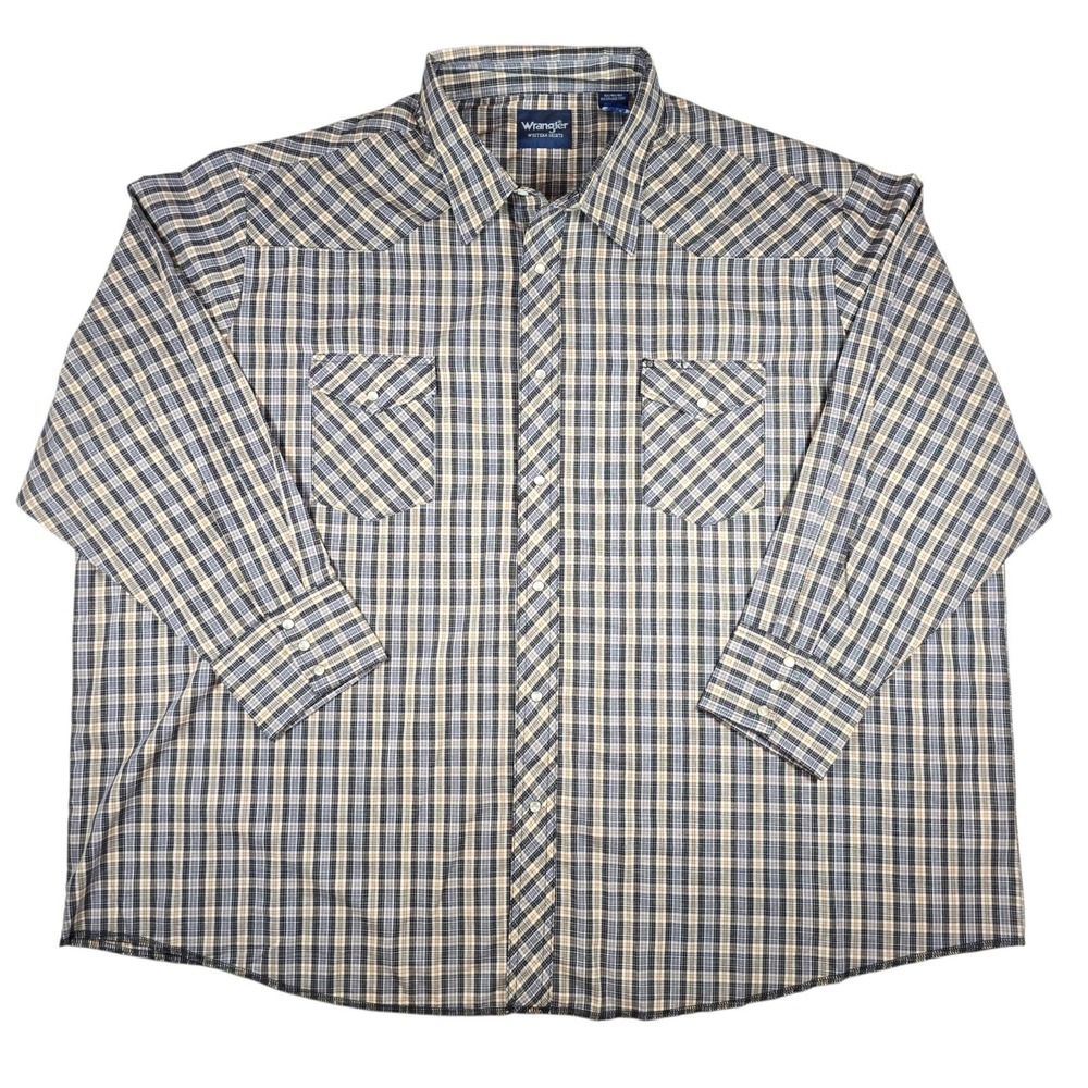 Wrangler Western Tan Black Plaid Long Sleeve Pearl Snap Shirt Men's Size Big 4X
